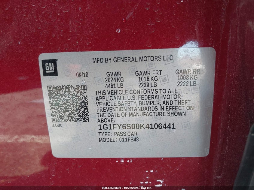 2019 CHEVROLET BOLT EV LT 1G1FY6S00K4106441