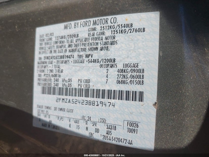 2FMZA52423BB19474 2003 FORD WINDSTAR photo no. 9