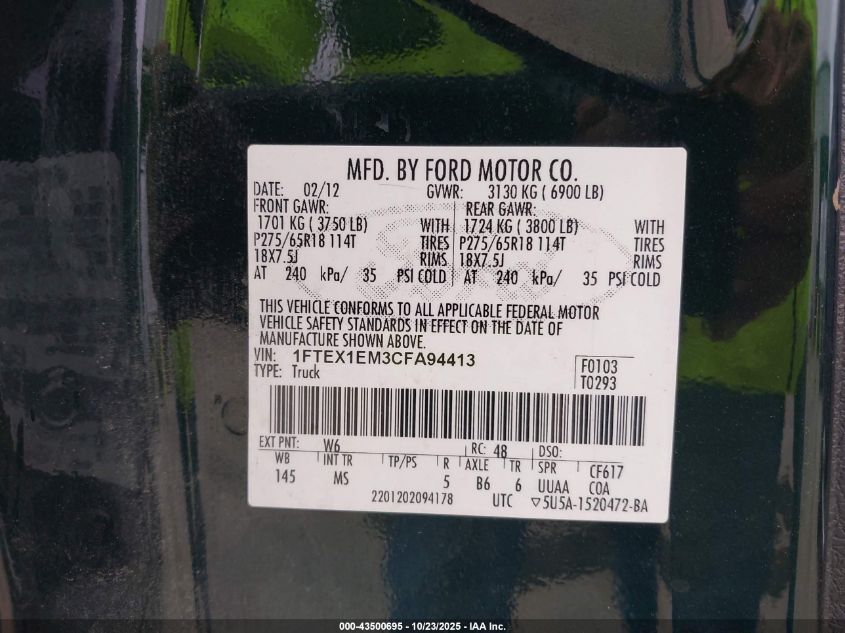 2012 Ford F150 Super Cab VIN: 1FTEX1EM3CFA94413 Lot: 43500695