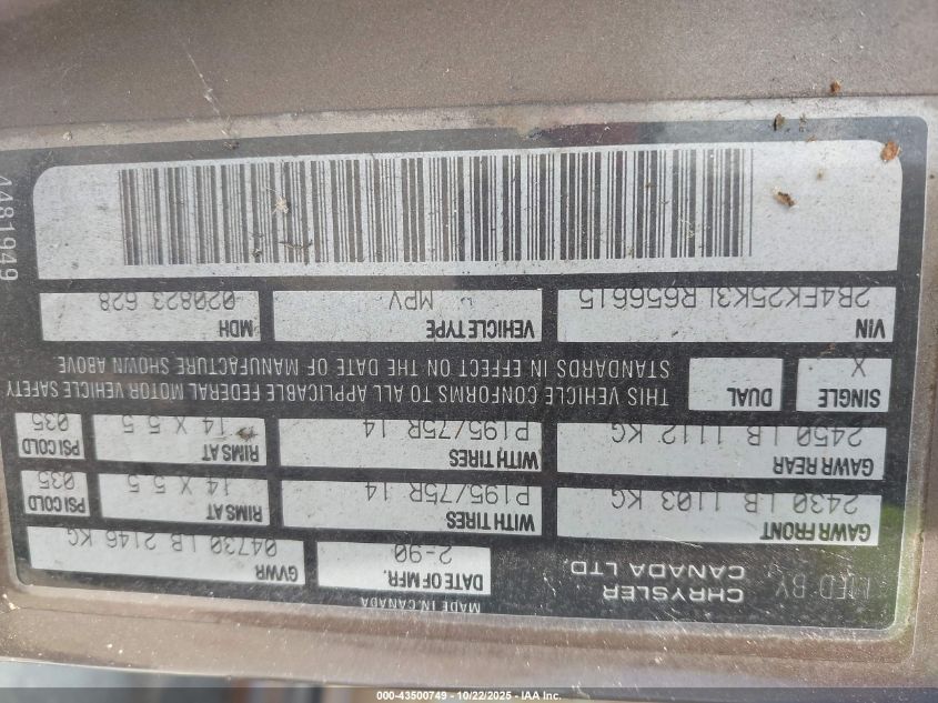 1990 Dodge Caravan VIN: 2B4FK25K3LR656615 Lot: 43500749