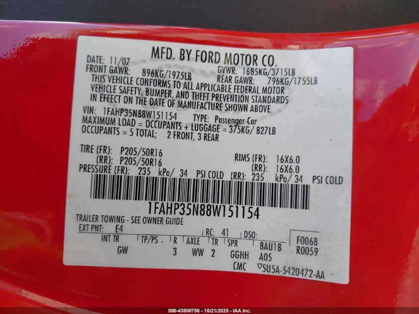 2008 Ford Focus Se/Ses VIN: 1FAHP35N88W151154 Lot: 43500756
