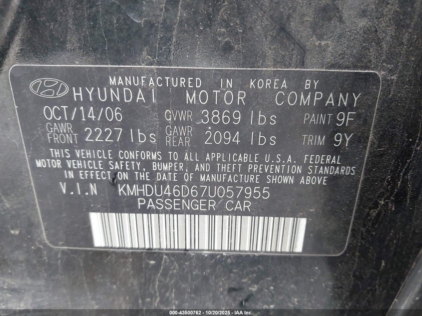 KMHDU46D67U057955 2007 HYUNDAI ELANTRA photo no. 9