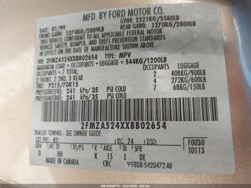 1999 Ford Windstar Se VIN: 2FMZA524XXBB02654 Lot: 43500773