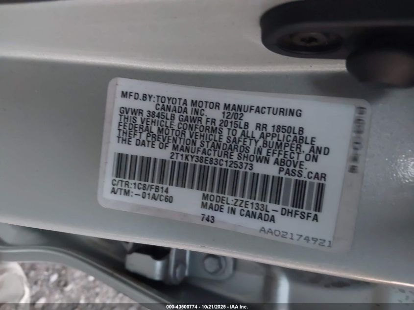 2003 Toyota Matrix Xrs VIN: 2T1KY38E83C125373 Lot: 43500774