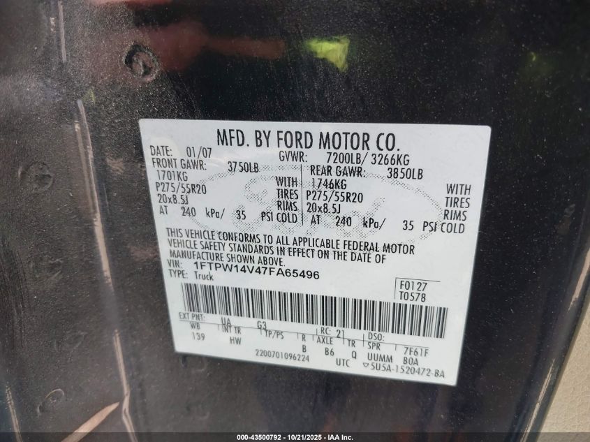 2007 Ford F-150 Fx4/Lariat/Xlt VIN: 1FTPW14V47FA65496 Lot: 43500792