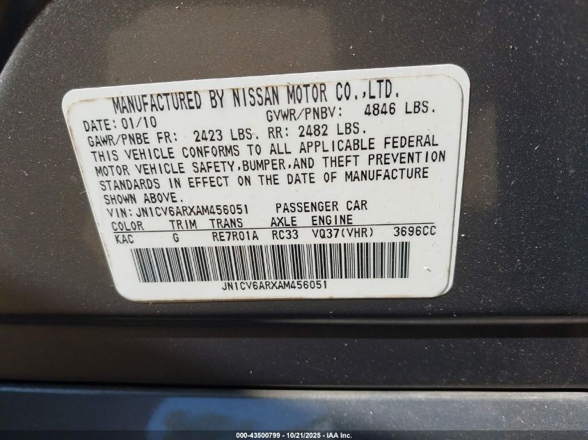 2010 Infiniti G37X VIN: JN1CV6ARXAM456051 Lot: 43500799