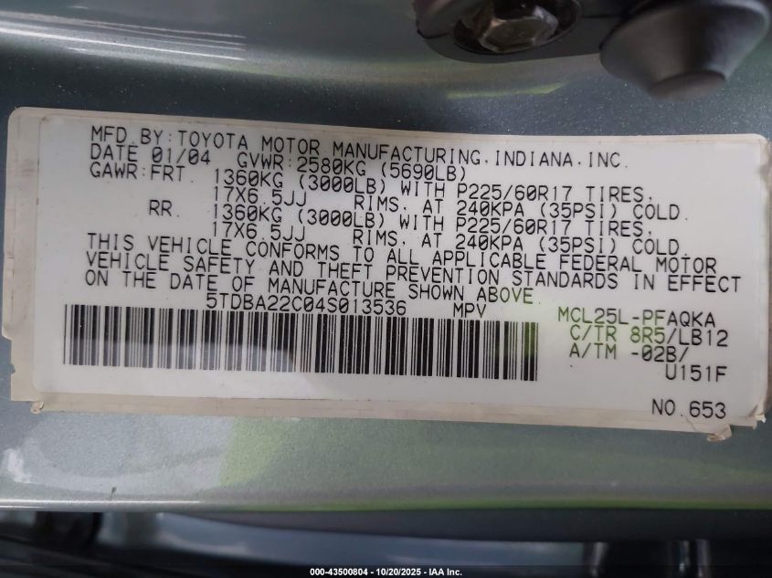 2004 Toyota Sienna Xle Limited VIN: 5TDBA22C04S013536 Lot: 43500804