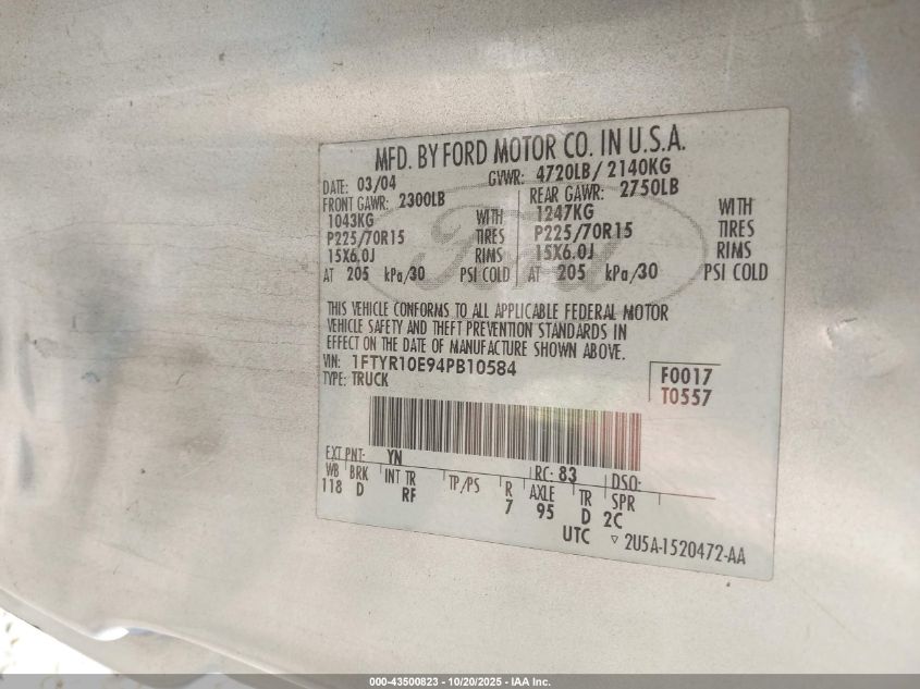 2004 Ford Ranger Unique Fleet VIN: 1FTYR10E94PB10584 Lot: 43500823