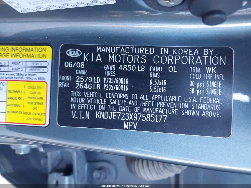 2009 Kia Sportage Lx V6 VIN: KNDJE723X97585177 Lot: 43500829