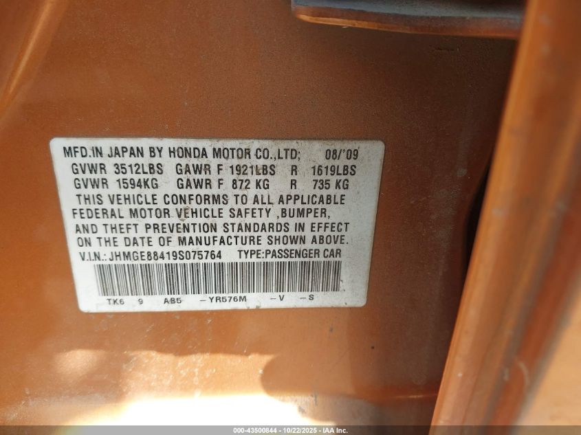 2009 Honda Fit Sport VIN: JHMGE88419S075764 Lot: 43500844