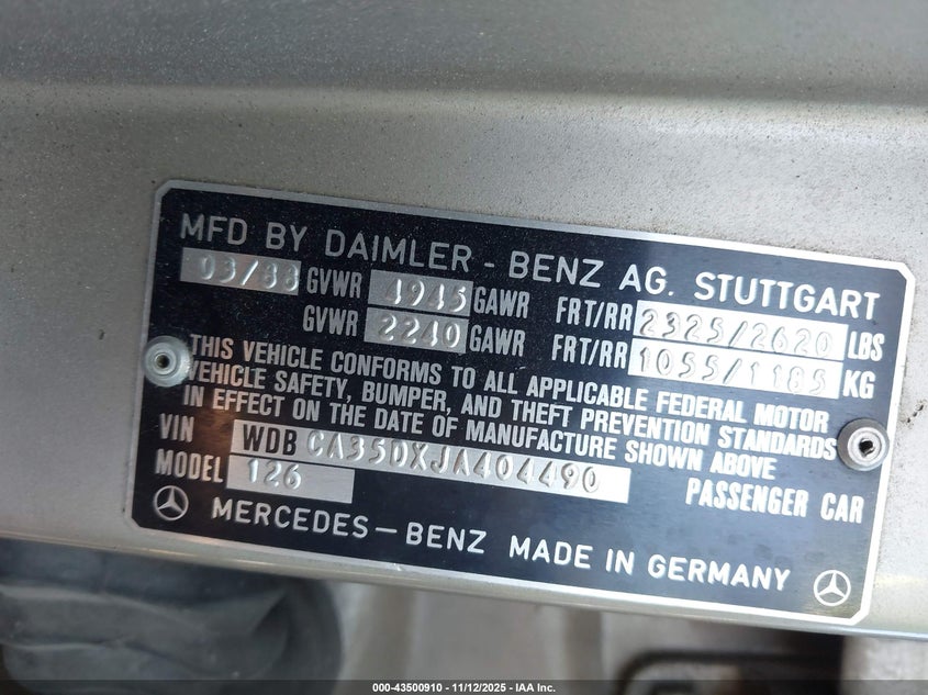 WDBCA35DXJA404490 1988 MERCEDES-BENZ  photo no. 9