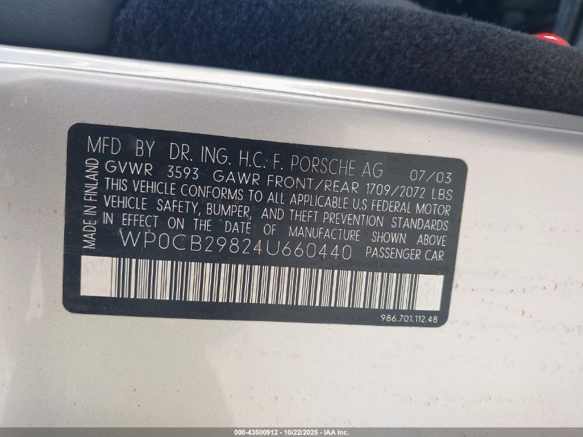 2004 Porsche Boxster S/S Special Edition VIN: WP0CB29824U660440 Lot: 43500912