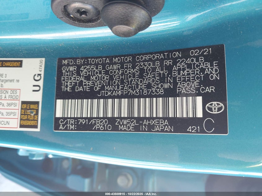 2021 Toyota Prius(VIN: JTDKAMFP7M3187338