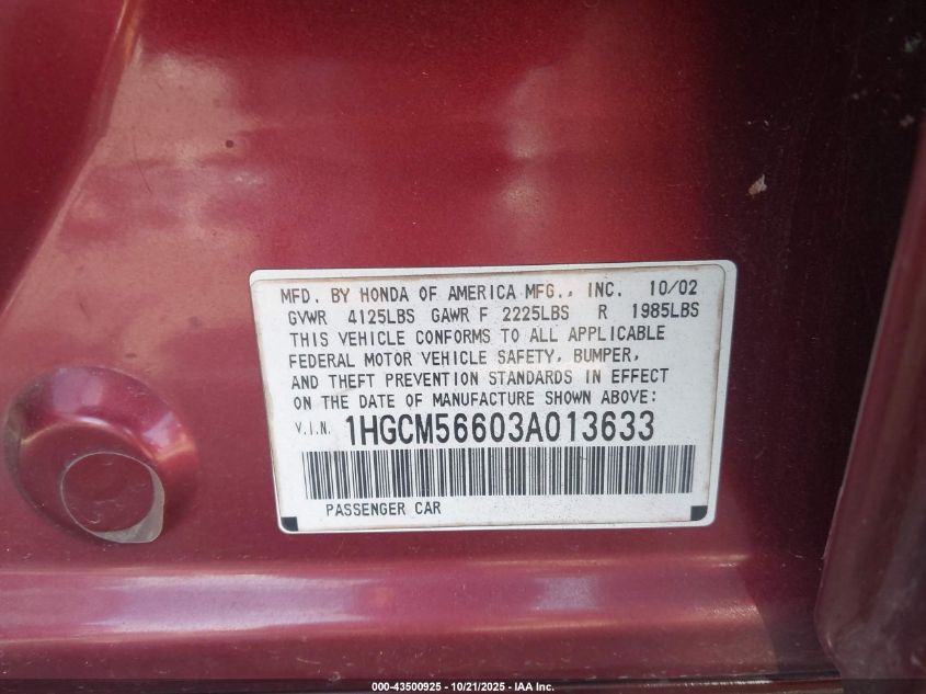 2003 Honda Accord 2.4 Ex VIN: 1HGCM56603A013633 Lot: 43500925