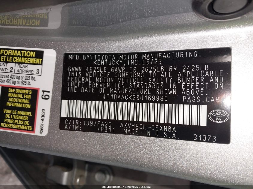 2025 Toyota Camry Le VIN: 4T1DAACK2SU169980 Lot: 43500935