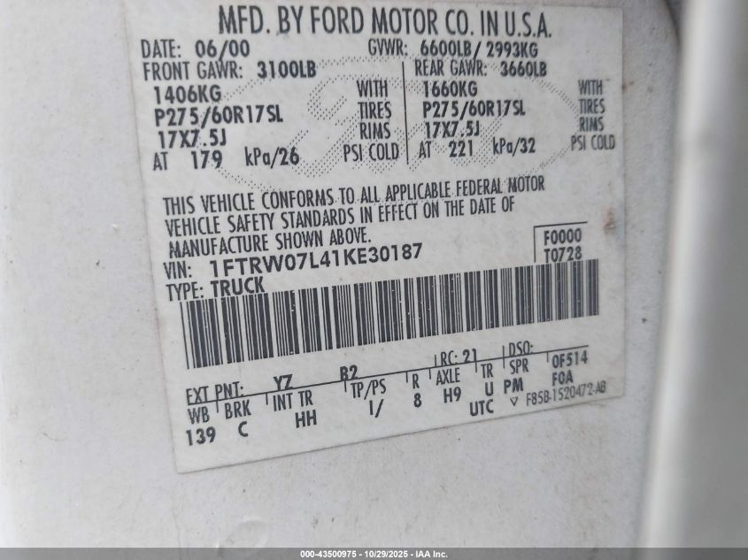 2001 Ford F-150 Harley-Davidson Edition/King Ranch Edition/Lariat/Xlt VIN: 1FTRW07L41KE30187 Lot: 43500975