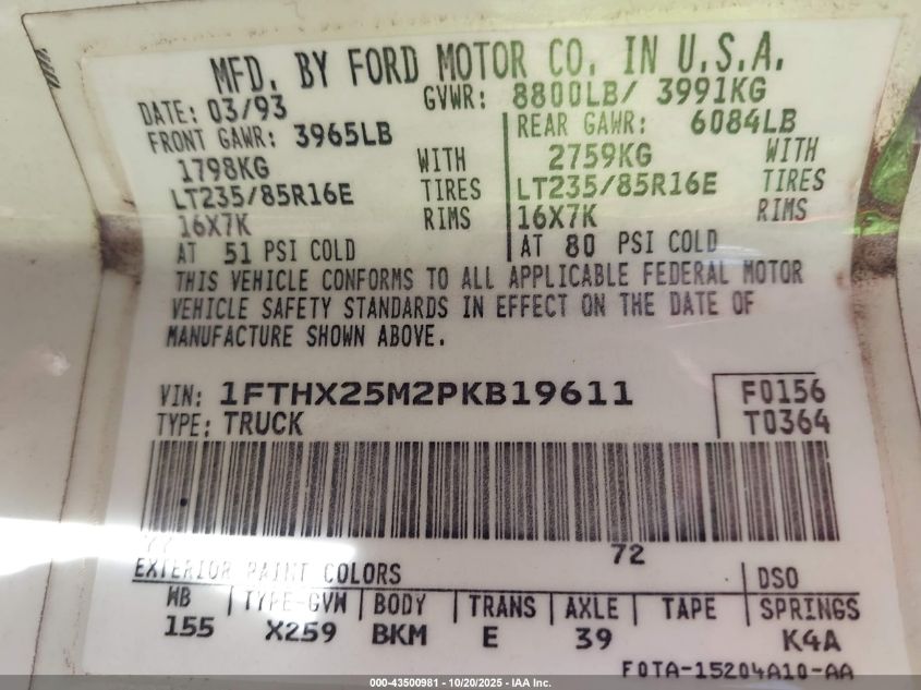 1993 Ford F250 VIN: 1FTHX25M2PKB19611 Lot: 43500981