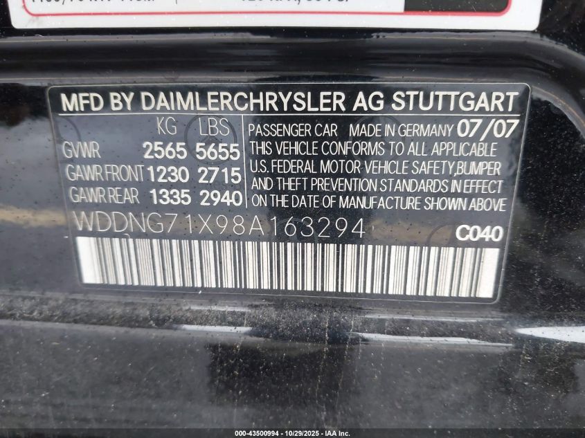 2008 Mercedes-Benz S 550 VIN: WDDNG71X98A163294 Lot: 43500994