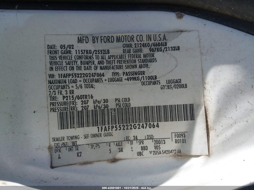 2002 Ford Taurus Ses VIN: 1FAFP55222G247064 Lot: 43501001