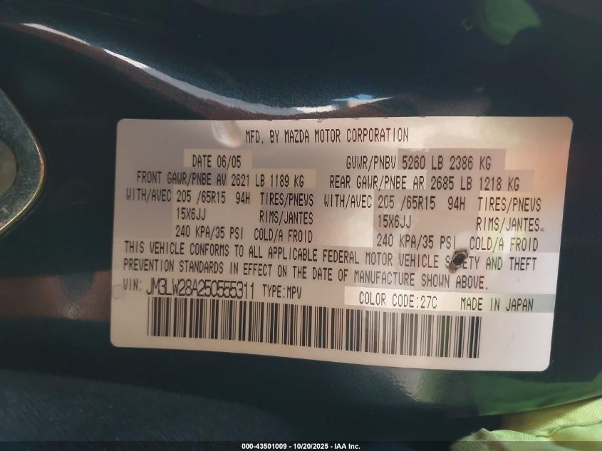 2005 Mazda Mpv Lx-Sv VIN: JM3LW28A250555311 Lot: 43501009