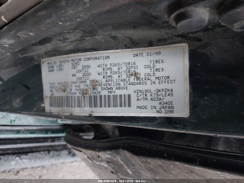 1999 Toyota 4Runner Limited V6 VIN: JT3GN87R3X0110428 Lot: 43501019