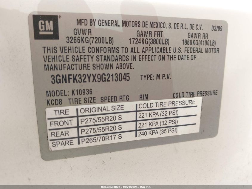 2009 Chevrolet Avalanche 1500 Ltz VIN: 3GNFK32YX9G213045 Lot: 43501023