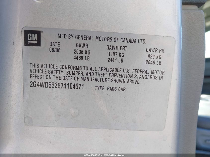 2007 Buick Lacrosse Cxl VIN: 2G4WD552671104671 Lot: 43501033