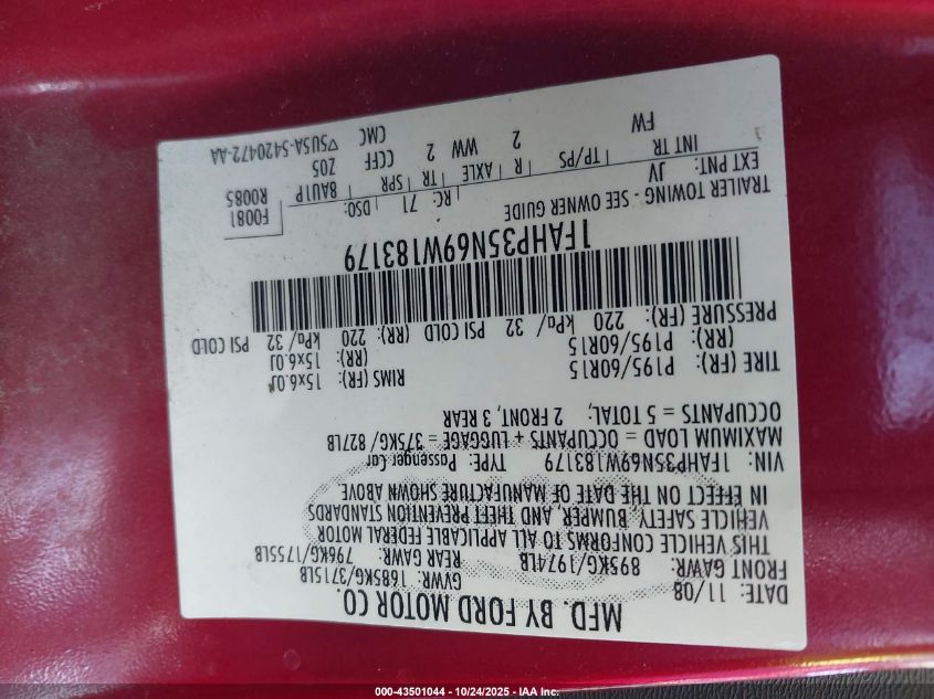 2009 Ford Focus Se VIN: 1FAHP35N69W183179 Lot: 43501044