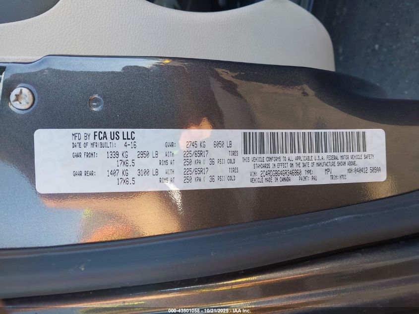 2016 Dodge Grand Caravan Se VIN: 2C4RDGBG4GR346860 Lot: 43501058