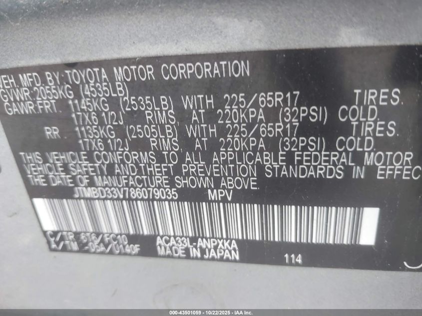 2008 Toyota Rav4 VIN: JTMBD33V786079035 Lot: 43501059