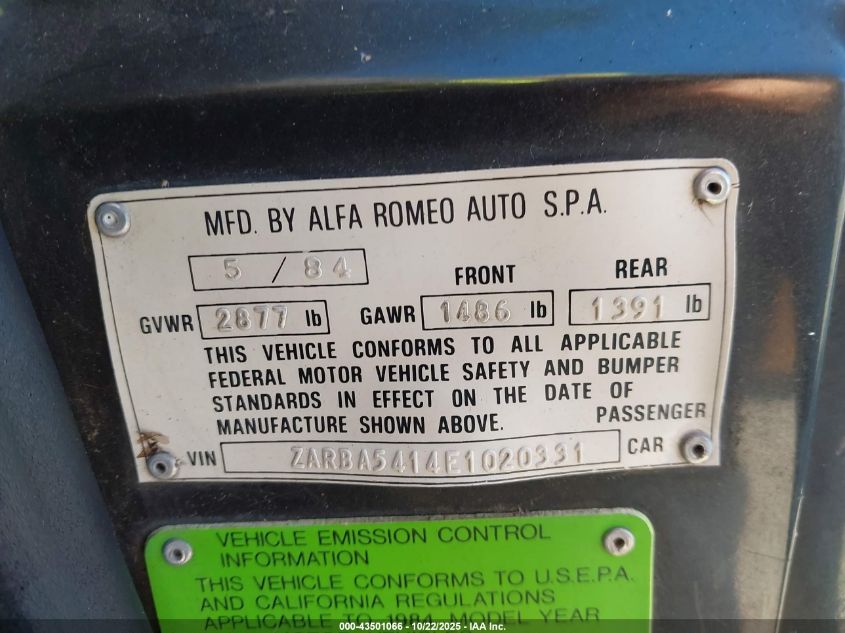 1984 Alfa Romeo Veloce 2000 Spider VIN: ZARBA5414E1020331 Lot: 43501066