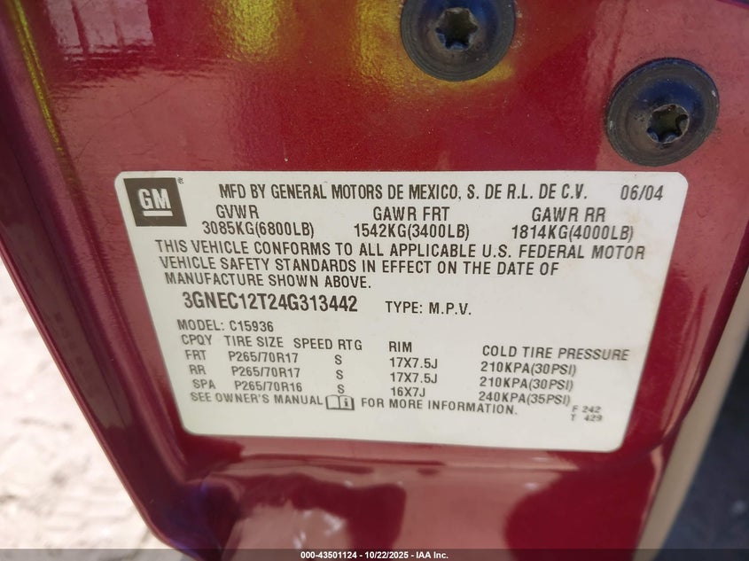 2004 Chevrolet Avalanche 1500 VIN: 3GNEC12T24G313442 Lot: 43501124