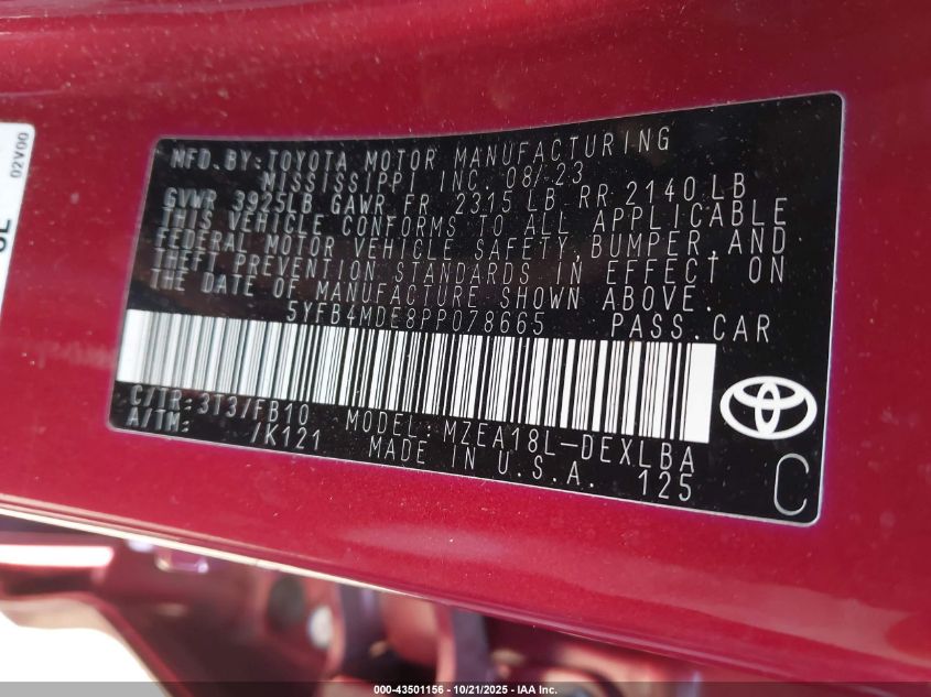 2023 Toyota Corolla Le VIN: 5YFB4MDE8PP078665 Lot: 43501156