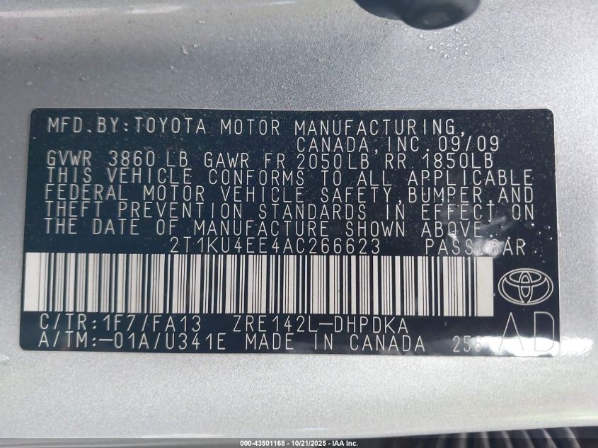 2010 Toyota Matrix VIN: 2T1KU4EE4AC266623 Lot: 43501168