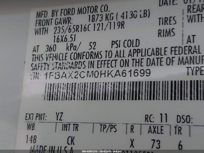 2017 Ford Transit-350 Xlt VIN: 1FBAX2CM0HKA61699 Lot: 43501210