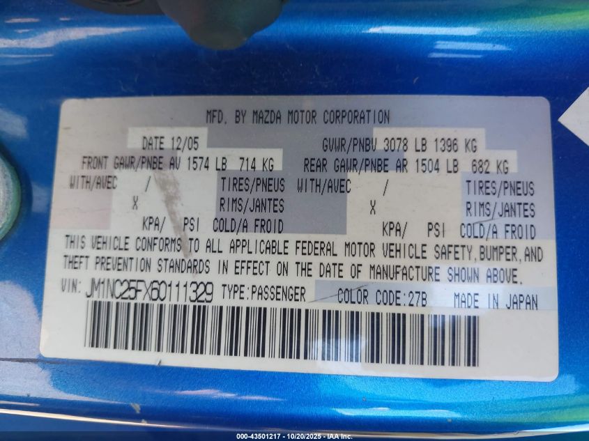 2006 Mazda Mx-5 Sport VIN: JM1NC25FX60111329 Lot: 43501217