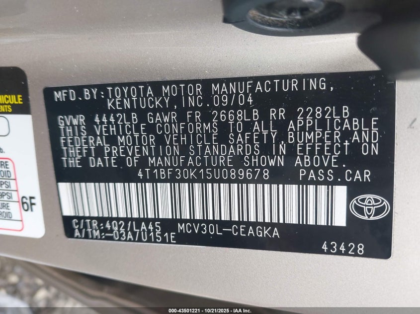 4T1BF30K15U089678 2005 TOYOTA CAMRY photo no. 9