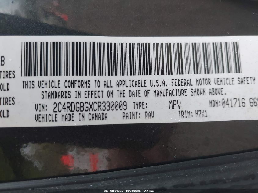 2012 Dodge Grand Caravan Se/Avp VIN: 2C4RDGBGXCR330009 Lot: 43501225