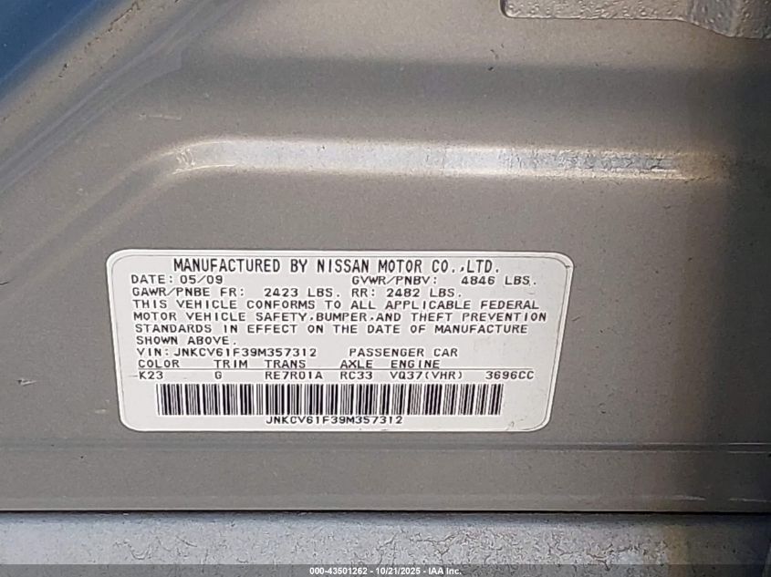 2009 Infiniti G37X VIN: JNKCV61F39M357312 Lot: 43501262