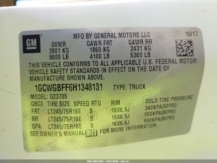 2017 Chevrolet Express 2500 Work Van VIN: 1GCWGBFF6H1348131 Lot: 43501284