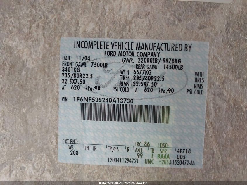 2004 Ford F550 Super Duty Stripped Chass VIN: 1F6NF53S240A13730 Lot: 43501308