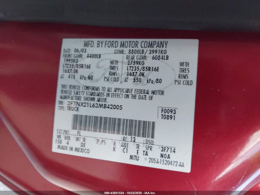 2003 Ford F-250 Lariat/Xl/Xlt VIN: 3FTNX21L63MB42005 Lot: 43501324