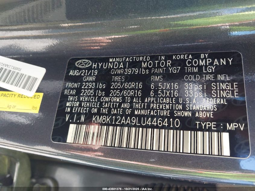 2020 Hyundai Kona Se VIN: KM8K12AA9LU446410 Lot: 43501376