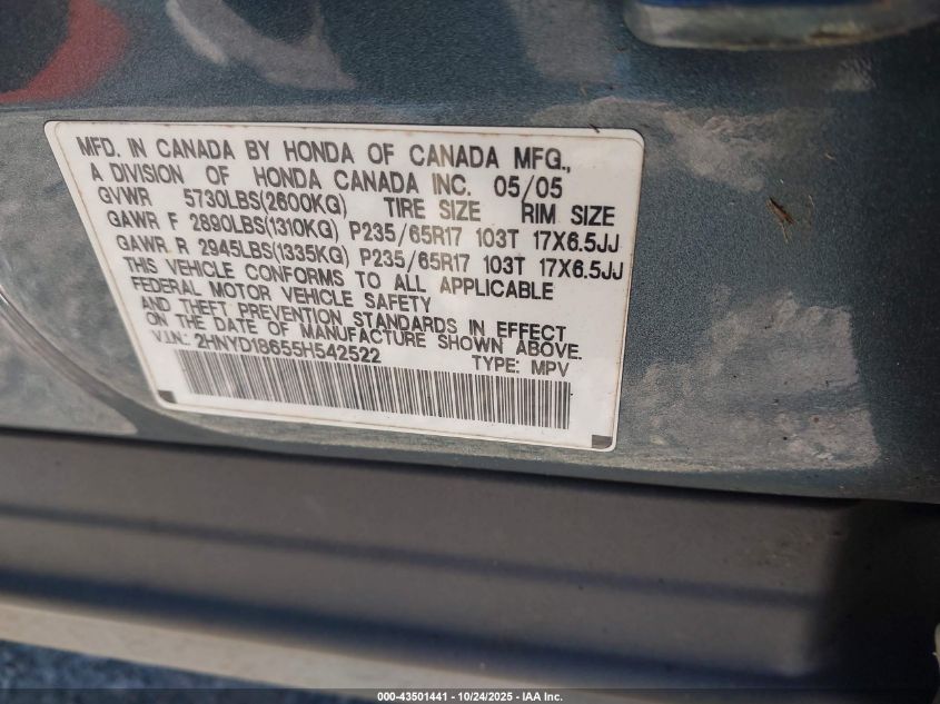 2005 Acura Mdx VIN: 2HNYD18655H542522 Lot: 43501441