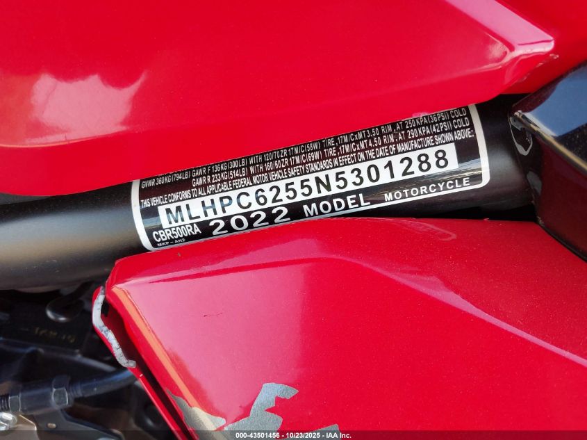 2022 Honda Cbr500 Ra VIN: MLHPC6255N5301288 Lot: 43501456