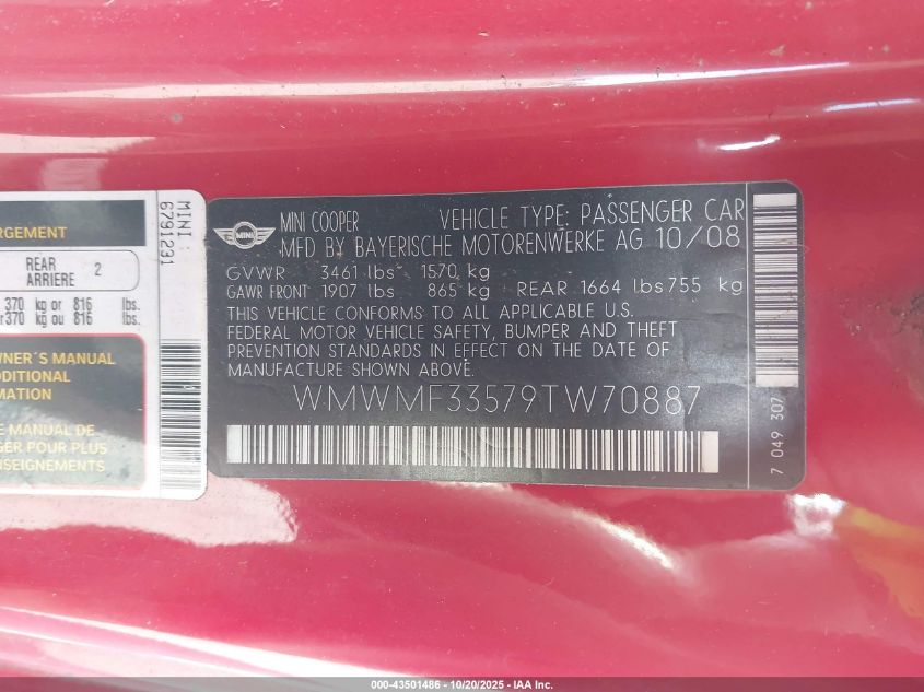 2009 Mini Cooper VIN: WMWMF33579TW70887 Lot: 43501486