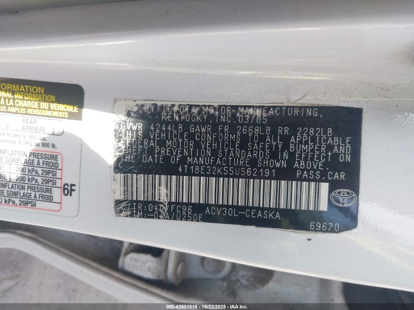 2005 Toyota Camry Se VIN: 4T1BE32K55U562191 Lot: 43501516
