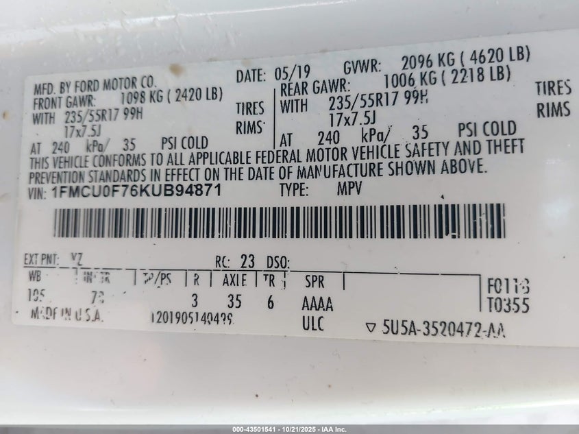 2019 FORD ESCAPE S 1FMCU0F76KUB94871