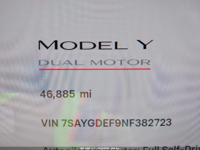2022 Tesla Model Y Performance Dual Motor All-Wheel Drive VIN: 7SAYGDEF9NF382723 Lot: 43501574
