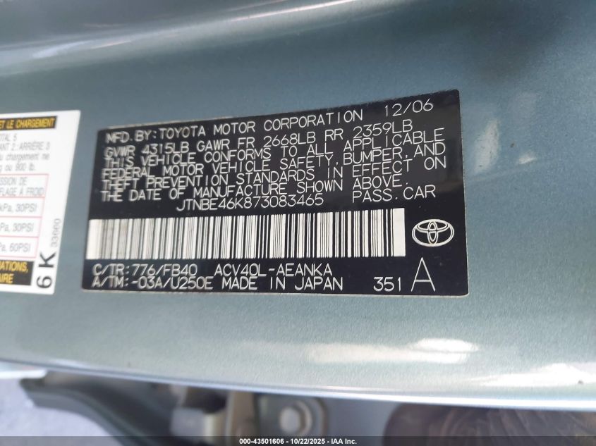 2007 Toyota Camry Le VIN: JTNBE46K873083465 Lot: 43501606